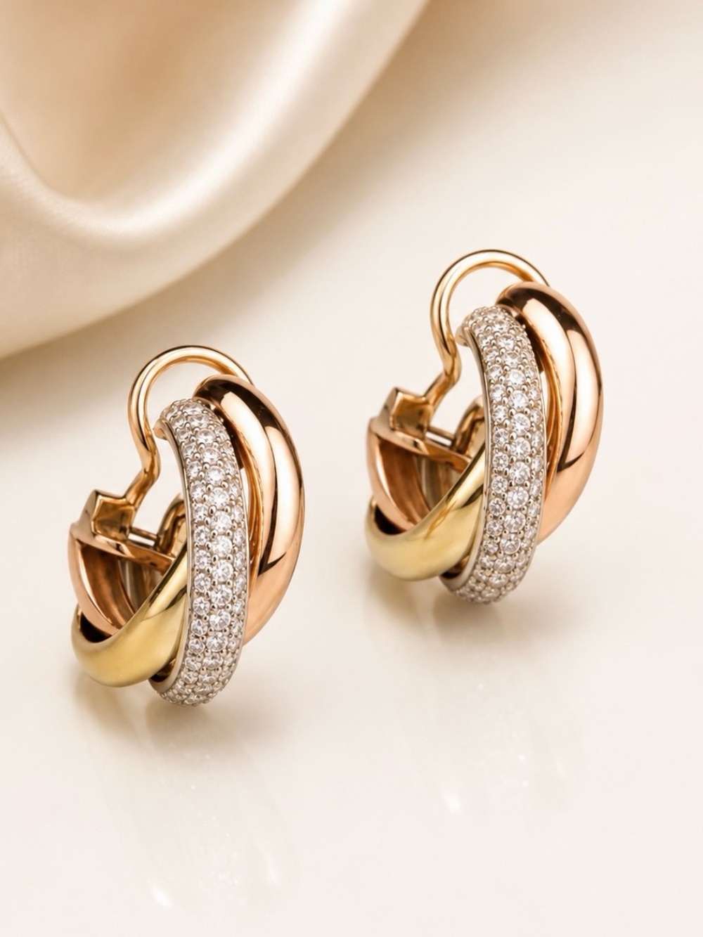 Tri-Color Pave Hoop Earrings — Gold, Rose Gold & Silver Tone